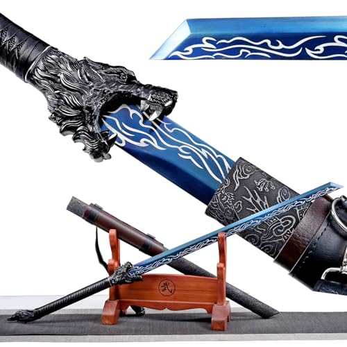 Handmade Wolf Sword Cool Blue Carbon Steel Chinese Tang Dao with Belt
