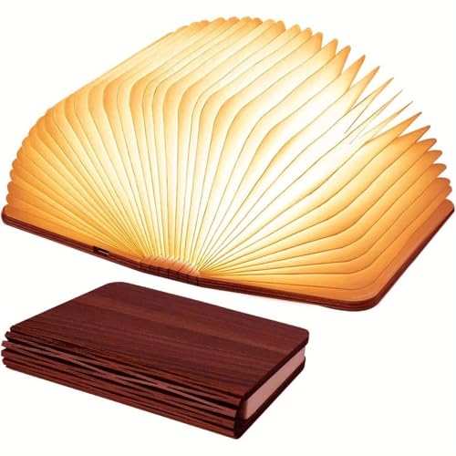WUTUNS Creative Wooden Book Lamp?3 Colors LED Folding Mood Light?USB Rechargeable Wooden Bedside Table Lamp?Soft Night Lighting/Decoration?Ideal Gift for Lovers and Friends. (Large)