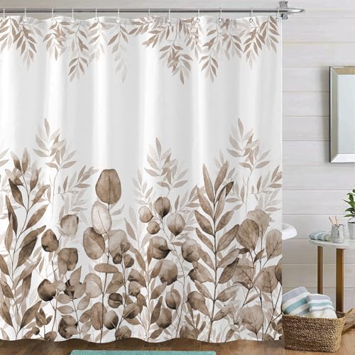 AMM Brown Eucalyptus Shower Curtain Watercolor Plant Leaves Shower Curtains for Bathroom Waterproof Fabric Botanical Leaf Bath Curtain Decor (Brown, 72''×72'')