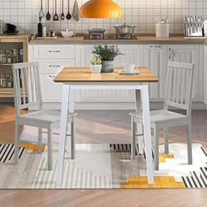 GOLDFAN Ronde eettafel en 2 stoelen Retro keukentafel PU kussen stoelen met beuken benen Home Office Furniture, grijs