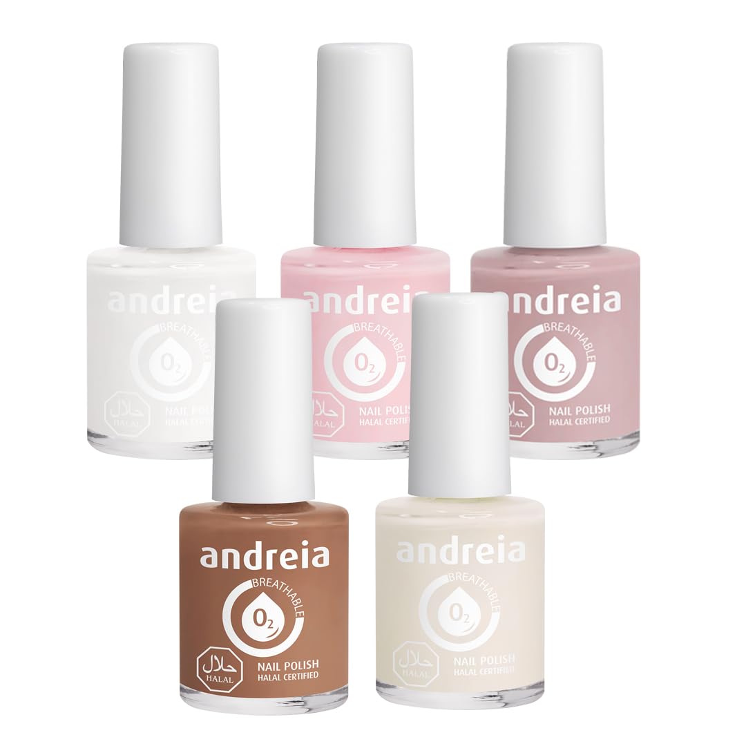 Andreia Halal Breathable Nail Polish Collection - Water Permeable Glossy Nail Polish Vegan & Cruelty-Free - 5 Nude Colours Set - 52.5ml