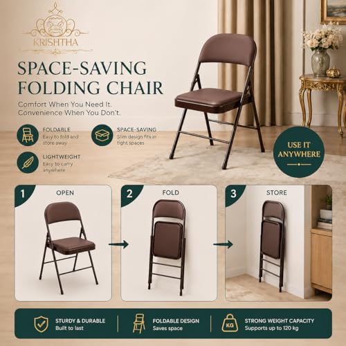 Image of KRISHTHA Metal Folding Chair with Soft Cushioned Leatherette Seat | Foldable Chair for Home, Office, Study, Balcony, Kitchen & Restaurant | Space Saving Portable Steel Chair | Brown