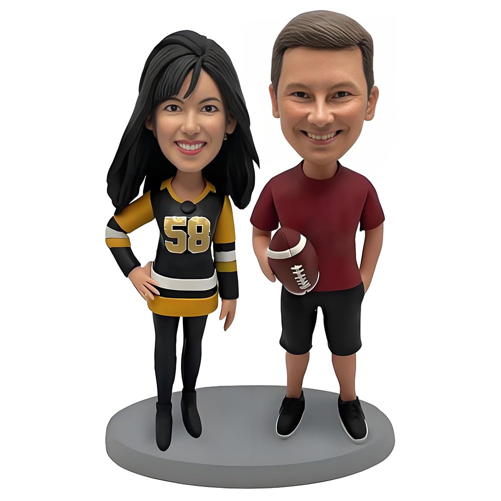 MEJELE Custom Sports Couple Bobblehead, Hockey Jersey and Football Fan Design, Personalized Gift Figurine, Desk Decoration Based on Your Photo