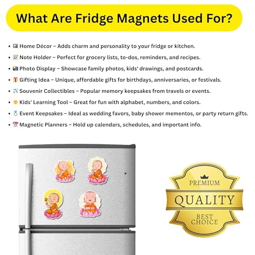 Image of Regalo Casila Baby Monk Fridge Magnet Set of 4 Kids Room Kitchen Home Decoration Cute Peaceful Spiritual mini Monk Stickers on Lotus Spiritual Gifts for Adults Children Return Gifts Meditation Lovers