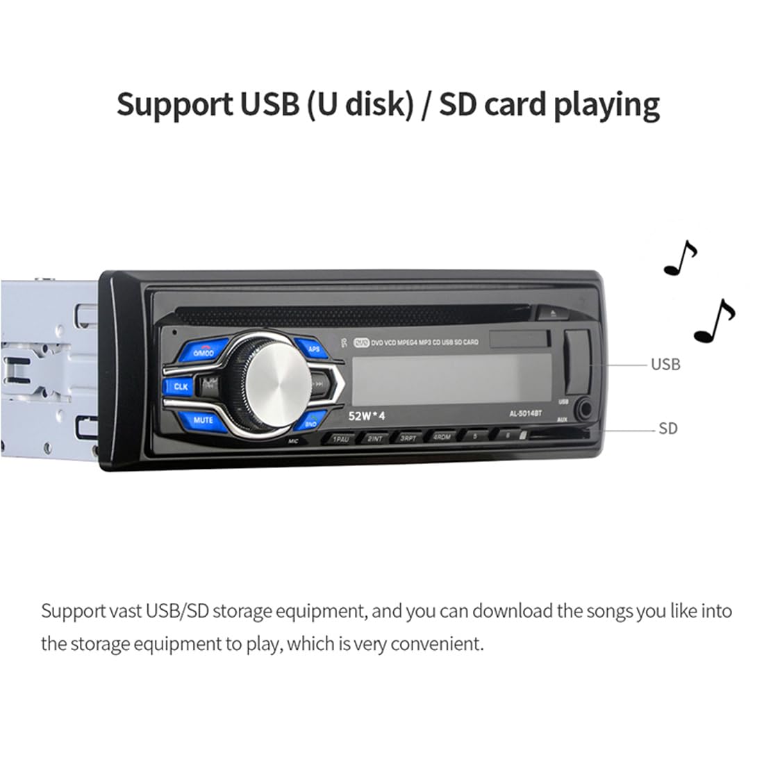 Autoradio sans Fil Bluetooth Lecteur CD DVD MP3 Stéréo Voiture Mains Libres Autoradio Audio Radio 5014 Voiture-Style avec Télécommande 1 Din 12V