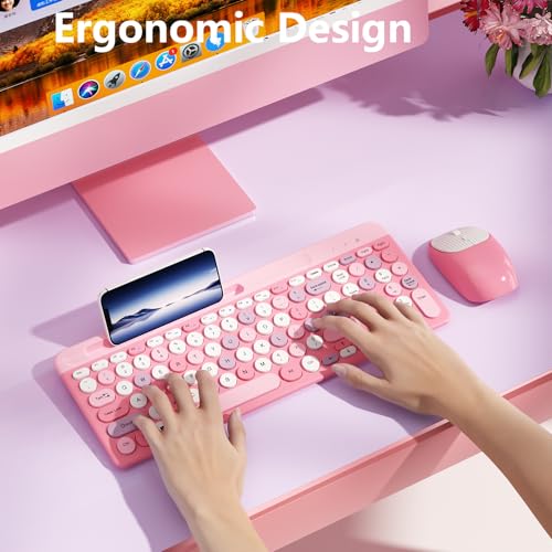 Image of Retro Wireless Keyboard with Round Keycaps, 2.4GHz Full-Size USB Cute Wireless Keyboard Mouse for Computer, Desktop, Laptop and Computer (Pink-Colorful)