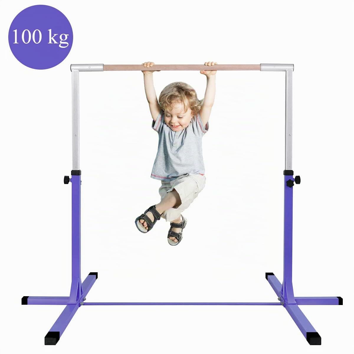 RELAX4LIFE Gymnastik Turnreck, Kinder Reck 12-stufig höhenverstellbar: 91 cm-150 cm, Turnstange mit stabilem Ständer & Doppelschlosssystem, Reckstange bis 100kg belastbar, aus Holz & Stahlgestell
