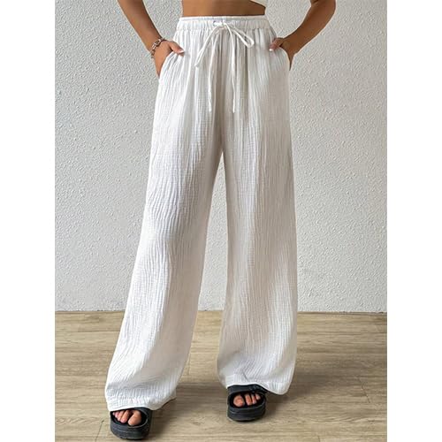 Women High Waisted Linen Cotton Crinkle Straight Wide Leg Loose Casual Long Pants​ White S2