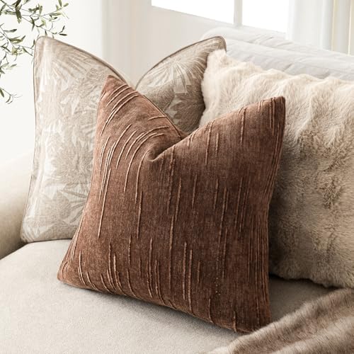 Image of Foindtower Pack of 2 Slubby Textured Chenille Throw Decorative Pillow Covers Square Accent Solid Cushion Cover Cozy Soft Farmhouse Pillow Case for Couch Sofa Bedroom Living Room 22x22 Inch,Red Brown