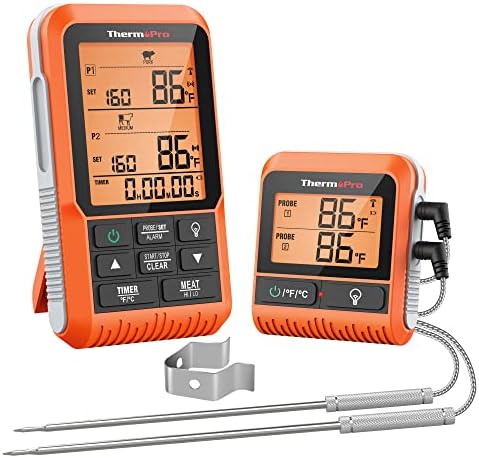 ThermoPro TP826 500FT Wireless Meat Thermometer, Dual Meat Probe Cooking Thermometer with HI/Low Alert, Food Grill Temperautre probe, Outdoor Fryer Accessories for BBQ, Smoker, Oven, Grilling Gift