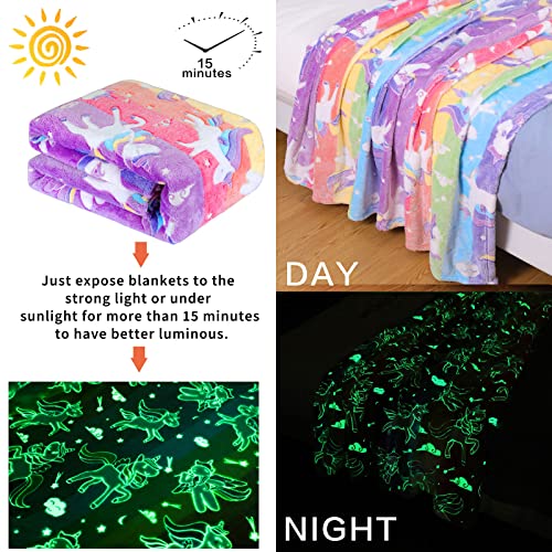 Glow in The Dark Blanket Unicorns Gifts for Girls Birthday Gift Halloween Super Cute Soft Cozy Rainbow Unicorn Star Flannel Luminous Magic Throw Thanksgiving Decor 50"x60"
