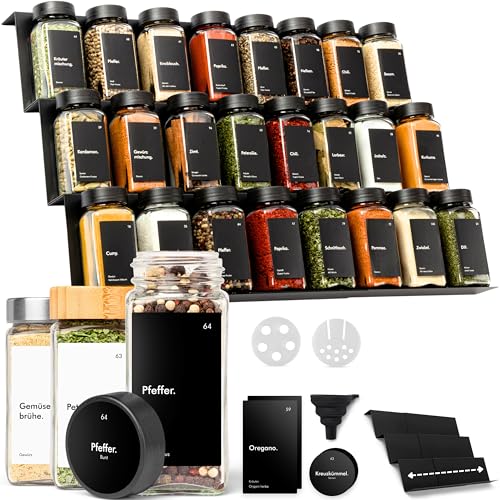 KIVY Gewürzregal mit Gläsern | inkl. 24 Gewürzgläser mit Etiketten - Verstellbar & passend für...