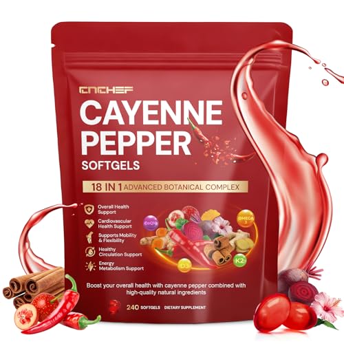 Cayenne Pepper Softgels Supplement Cayenne Pepper Capsules with VitaminD3+K2 Berberine CoQ10 Omega-3 Turmeric Hawthorn Beetroot Supports Leg Vein Digestive & Heart Vessel Health 240 Softgels