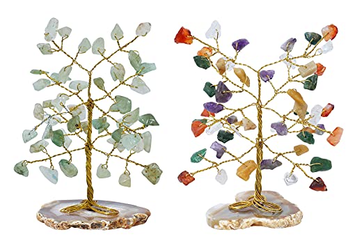 Green Aventurine & Mix Chakra Mini Slice Natural Healing Gemstone Crystal Bonsai Money Tree Feng Shui for Spiritual Gift Enhance Home Office Decor Good Luck, Wealth & Prosperity Size 80-85 mm