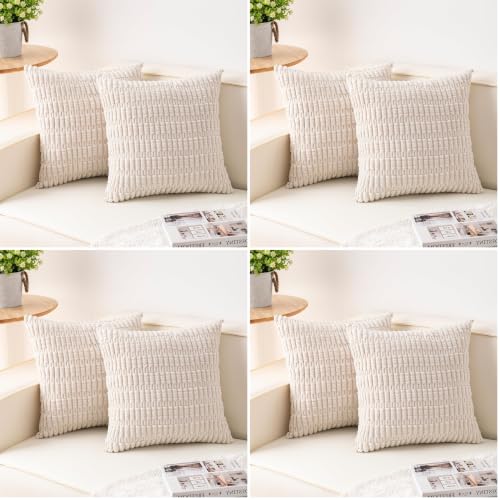 Image of Aegero Pack of 8 Corduroy Decorative Throw Pillow Covers 18x18 Inch Soft Striped Pillow Covers Modern Farmhouse Home Decor for Sofa Living Room Couch Bed(Cream White)