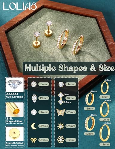 LOLIAS 14K Gold Plated Flat Back Earrings - Hypoallergenic Surgical Stainless Steel Stud Hoop Earrings for Women Girls Cute Stud Earring Set Small Huggie Hoops Cartilage Earring Stacks3
