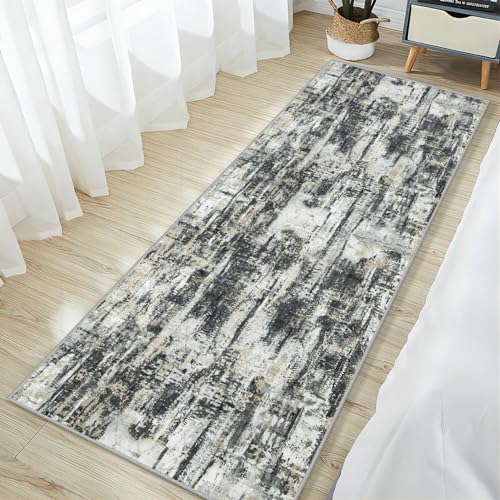 2'6''x8' Runner Rugs Washable Rug: Modern Abstract Hallway Runner Rug Indoor Soft Low Pile Thin Carpet Anti-Skid Non-Shedding Carpets for Kitchen, Entryway, Laundry, Bedroom - Black Grey Gold
