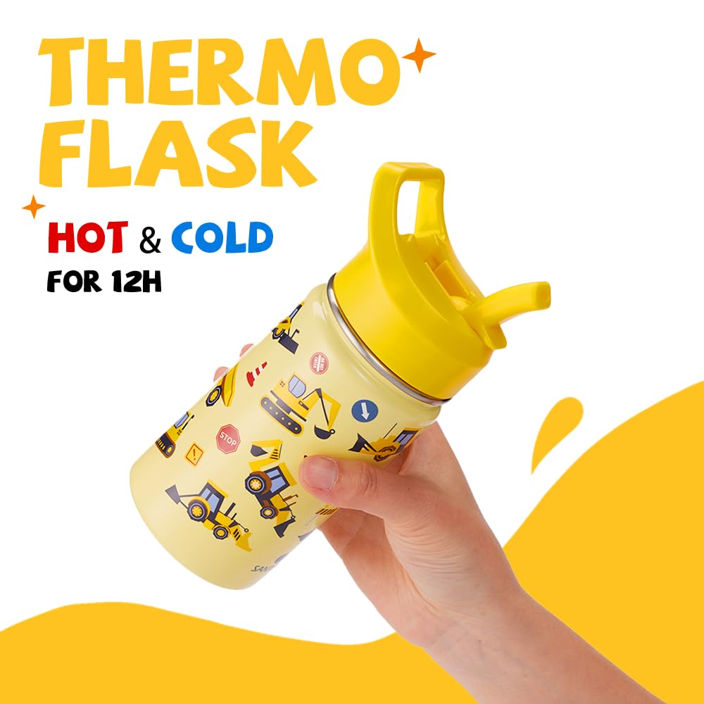 SANTECO Borraccia Bambini Acciaio Inox, Senza BPA, 380ml Borraccia Termica a Prova di Perdite con Cannuccia per Scuole, Facile da Pulire