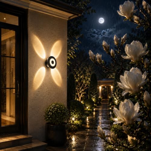 Image of FERA Waterproof Up Down Led Wall Lamp, Aluminium IP65 Body 4+1 Ray, Warm White, Indoor /Outdoor Decorative Wall Sconce Light, 2 Years Warranty(HaloBeam 4 Way Warm)