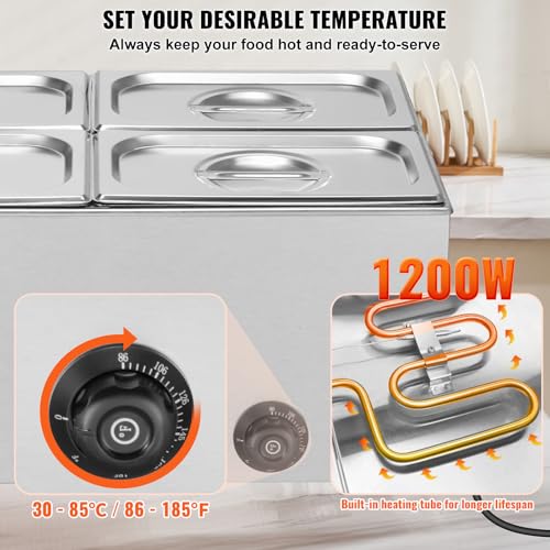 VEVOR kommerzieller Speisenwärmer 15L 4x1/4 Größe Speisebehälter, elektrische Warmhalteplatte, 1200 W Arbeitsplatte aus Edelstahl, Buffet-Bain-Marie, 30–85 °C Temperaturregelung für Gastronomie – Bild 4