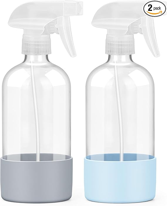 2 Pack Glass Spray Bottles with Silicone Sleeve, 16 oz Empty Refillable Containers with Adjustable Spray Nozzles, Spray Bottles for Hair, Cleaning Solutions and Plants Blue&Grey