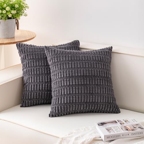 Aegero Pack of 2 Corduroy Decorative Throw Pillow Covers 18x18 InchSoft Boho Striped Pillow Covers Modern Farmhouse Home Decor for Sofa Living Room Couch BedDark Grey