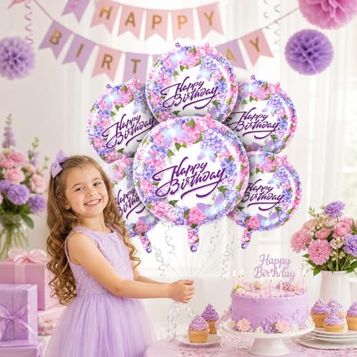 Image of Rozi Decoration Happy Birthday Foil Balloons Round Printed Floral Design with Butterfly Theme, 18 Inch Helium Support Party Decoration Balloons - Pack of 6 Pcs