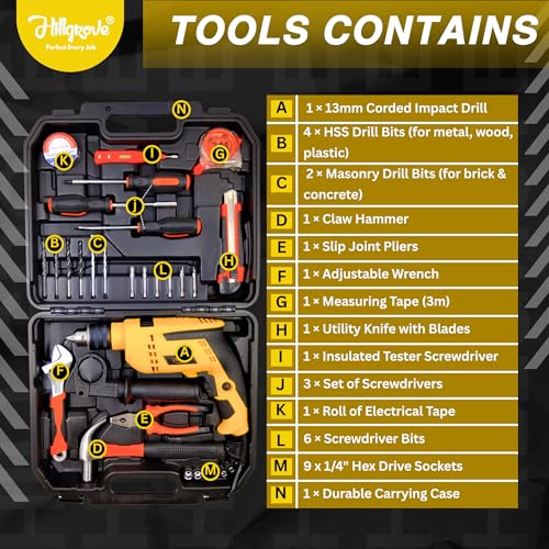 Image of Hillgrove HGCM1382M2 All in One Electric 950W 13mm Power Drill Electrical Hand Drilling Machine Tool Box Tools Kit Set for Home