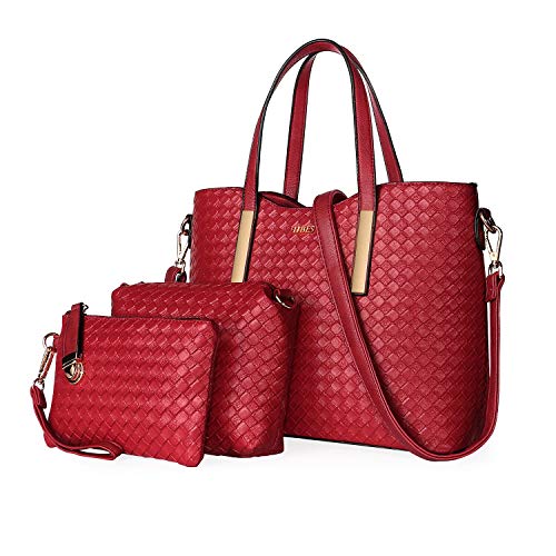 TIBES Bolso de cuero de la PU de la manera + bolso de hombro + monedero bolso de 3pcs A Vino rojo