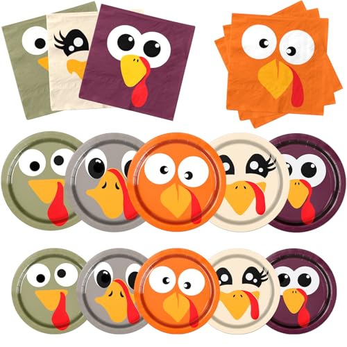Thanksgiving Turkey Paper Plates and Napkins Party Supplies, Disposable Turkey Face Dinner Dessert Plates Napkins for Kids Fall Autumn Friendsgiving Table Decor Thanksgiving Turkey Paper Plates and Napkins Party Supplies, Disposable Turkey Face Dinner Dessert Plates Napkins for Kids Fall Autumn Friendsgiving Table Decor
