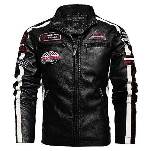 Mens Vintage Motorcycle Jacket Biker Leather Jacket Male Embroidery Bomber Coat Winter Fleece Pu Overcoat(XXL,Black)2