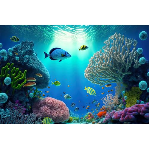 Image of Underwater Aquarium Background Tropical Coral Reef and Exotic Fishes Terrarium Background Deep Blue Ocean Sea with Sunbeams Natural Seascape Fish Tank Backdrop Poster Decorations Vinyl 48x20in