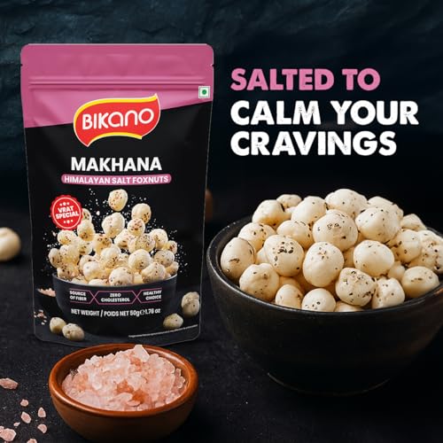 Image of Bikano Makhana Himalayan Salt | Prepared in Olive Oil | Roasted Foxnut | Crunchy Light Snack | Ready to Eat | 50g Pack (Pack of 3)