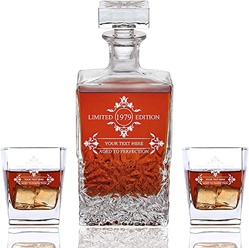 Personalized Squared 3 piece Whiskey Decanter Set - Decanter and 2 Glasses Gift Set - Custom Engraved (Limited Edition)