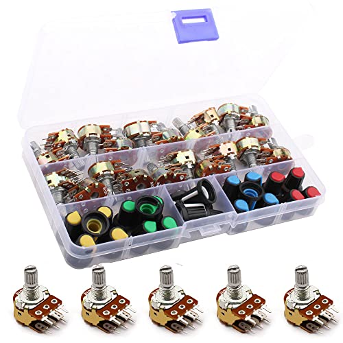 RUNCCI-YUN 20Pcs Potenciómetro B5K B10K B20K B50K B100K Ohm, Lineal Cónico Rotativo Potenciómetro Kit, 6 Terminales Potenciometro de B-Tipo Estéreo Audio Potenciómetro con Perilla