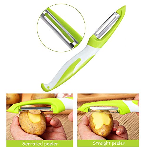 2 Pezzi Pelaverdure Girevole Multifunzionale, Peeler Frutta in Acciaio Inossidabile, Dritto Pelapatate, Multifunzione Tagliaverdure e Affettaverdure (Verde) - immagine 5