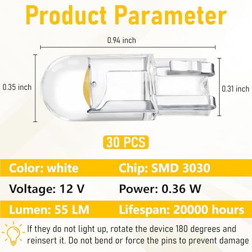 Image of ecocstm 30 PCS Car 194 LED Bulbs, 168 2825 W5W T10 Wedge COB LED Replacement Bulb, Error Free Interior Bulb for Dashboard Light, Dome Lights (Yellow)