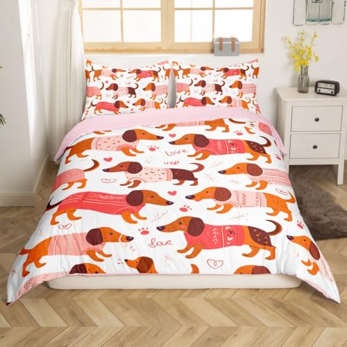 jejeloiu Boys Girls Sausage Dog Comforter Cover Toddler Size, Cute Dachshund Bedding Set Puppy Dog Duvet Cover Kids Teens Bedroom Decor Quilt Cover 2Pcs (No Comforter)
