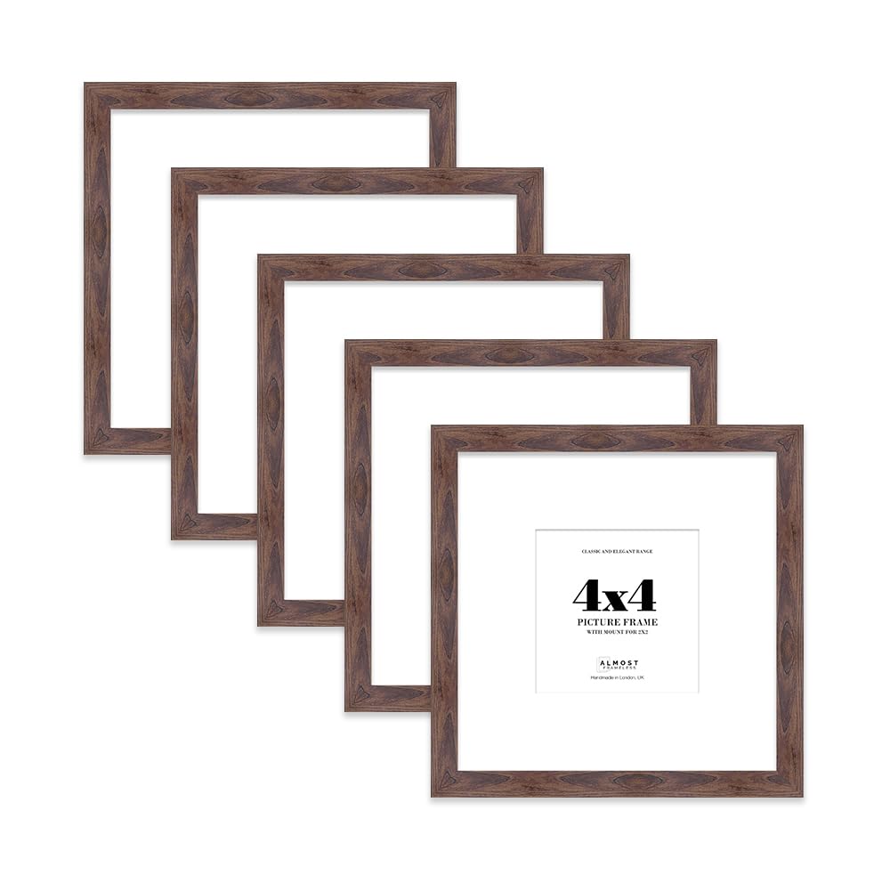 4x4 Walnut Picture Frame with Mount for 2x2 Photos, Prints - Modern Square Wall Frame, Set of 5