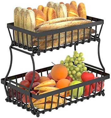 Apsan 2 Tier Countertop Fruit Basket Bowl for Kitchen, Bread Vegetable Fruit Basket Bowl Stand Detachable Metal Rectangular Wire Basket, Black Medium