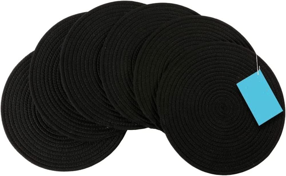 Mansa Trader Round Braided Placemats Set of 6 Table Mats for Dining Tables Woven Washable Non-Slip Place mats 12 inch for Winter (Black 6pcs)