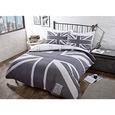 CnA Stores - Denim Grey Union Jack England Double Duvet Cover Reversible Bedding Set With Pillowcases Cover