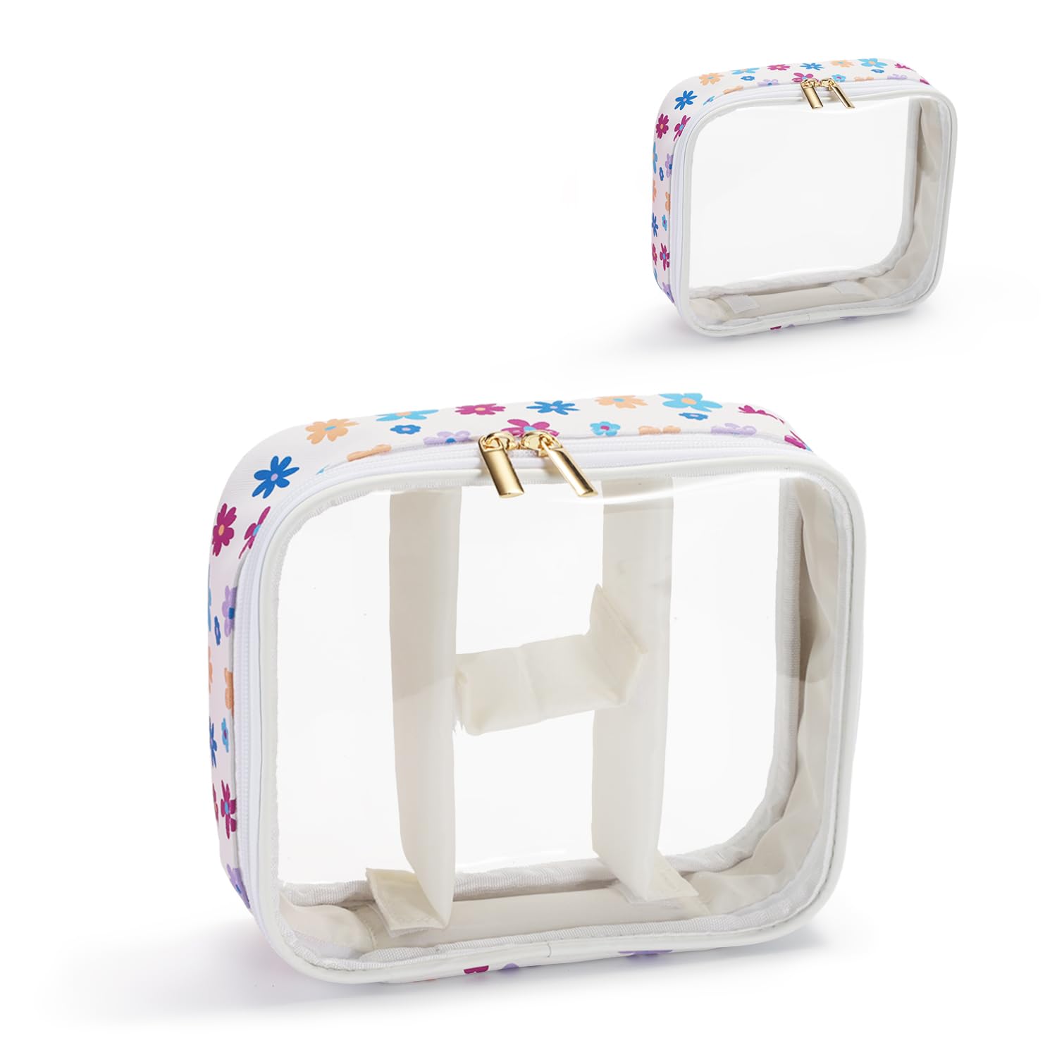 U+U Makeup Bag with compartments, Clear Makeup Organizer Bag, Waterproof Travel Clear Pouch for Toiletries Accessories (Colorful Flower)
