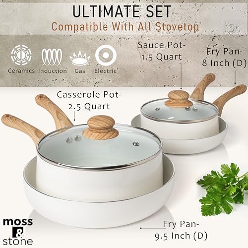 Image of Moss & Stone 6 Pcs White Nonstick Cookware Set, Pots And Pans Set Non stick With Glass Lid, Induction Cookware, Stay-Cool Handle PTFE /PFOA Kitchen Pots 6-Piece with Frying Pans & Saucepan