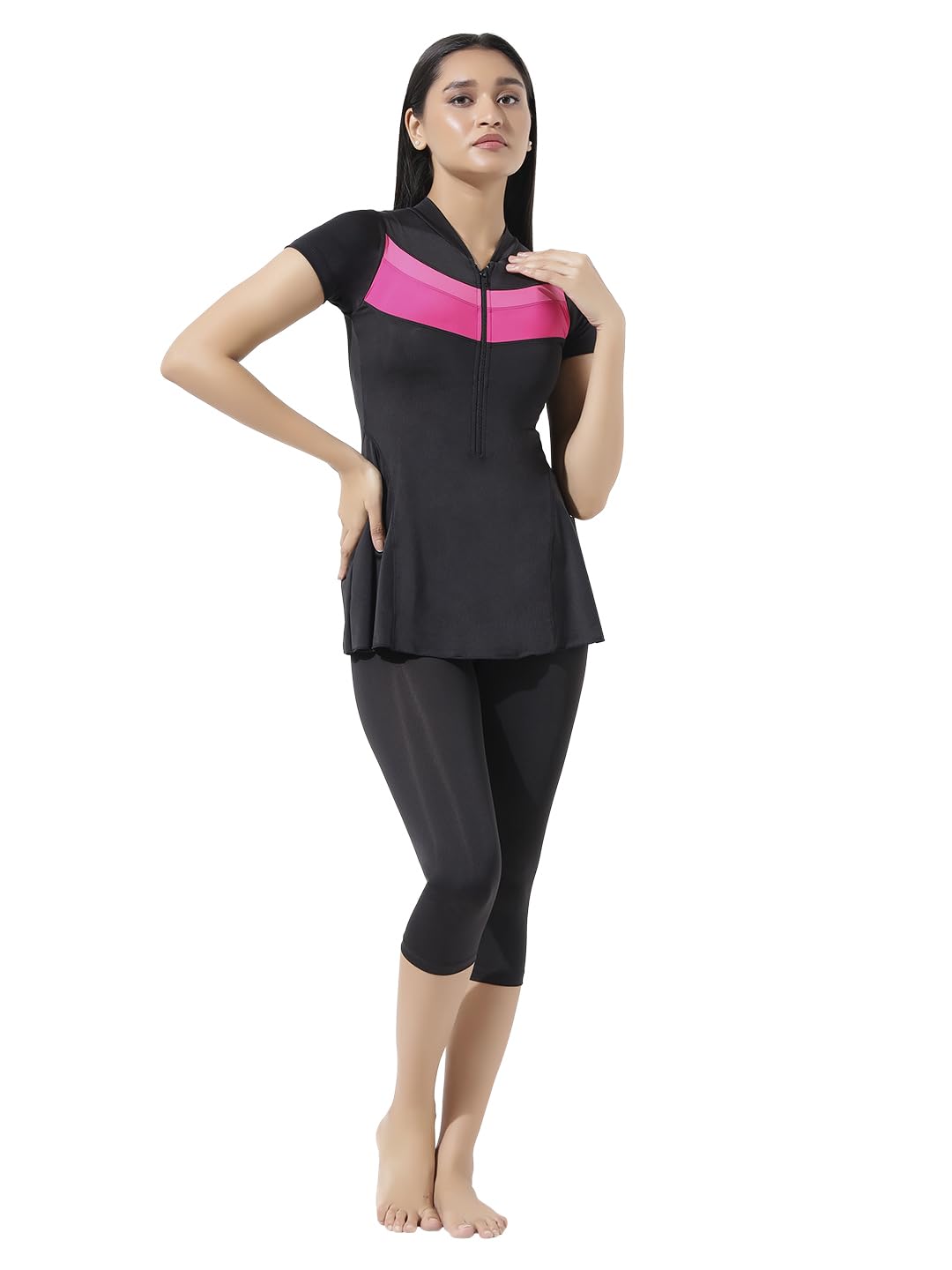 Women's Front Zip A-Line Half Sleeves and 3/4th Tight Swimwear