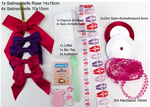 CaPiSo 16 Teile Dekoration Windeltorte Babyparty Schnullerparty Babyband Schleifenband Baby Schleifen+ Aufkleber (Girl 03)