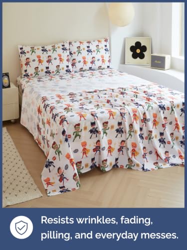 Image of Kids Full Size Superhero Bed Sheets - 4 Piece Kids Superhero Sheet Set - Comic Power Bedding - Ultra-Soft, Cute & Cozy - Breathable & Machine Washable - Brave Bed Set for Boys, Girls, Teens & Toddlers