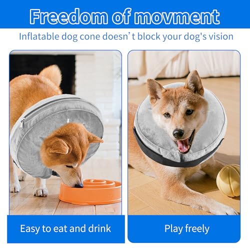 Aufblasbare Halskrause Hunde, Verstellbarer Schutzkragen nach Operationen, Weicher Anti-Leck-Kragen mit Atmungsaktivem Material, Sichtfreundliches Elizabethanisches Halsband für Hunde (Grau, L)
