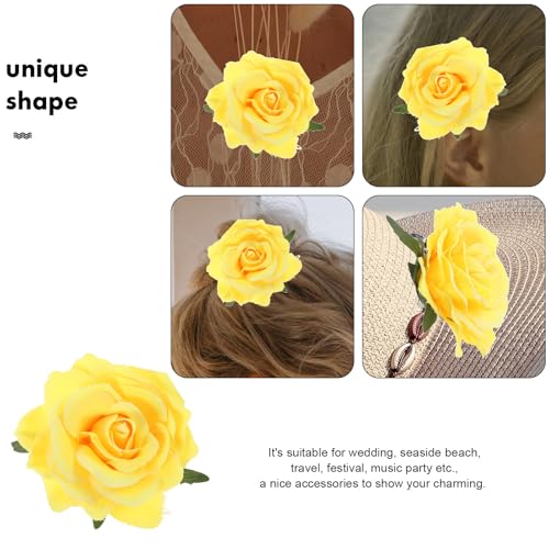 CALLARON 4Pcs Rose Hairpin Red Hair Clip 11x4cm Pins Fabric Floral Clips Floral Brooch Hair Accessories for Women(Yellow) - Image 4