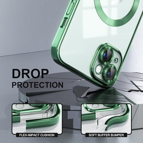 Image of Misea Magnetic for iPhone 15 Case Compatible with MagSafe Green | [Never Yellowing] [Military Drop Protection] Full Camera Lens Protector Plating Soft Clear Phone Case for Women, Green
